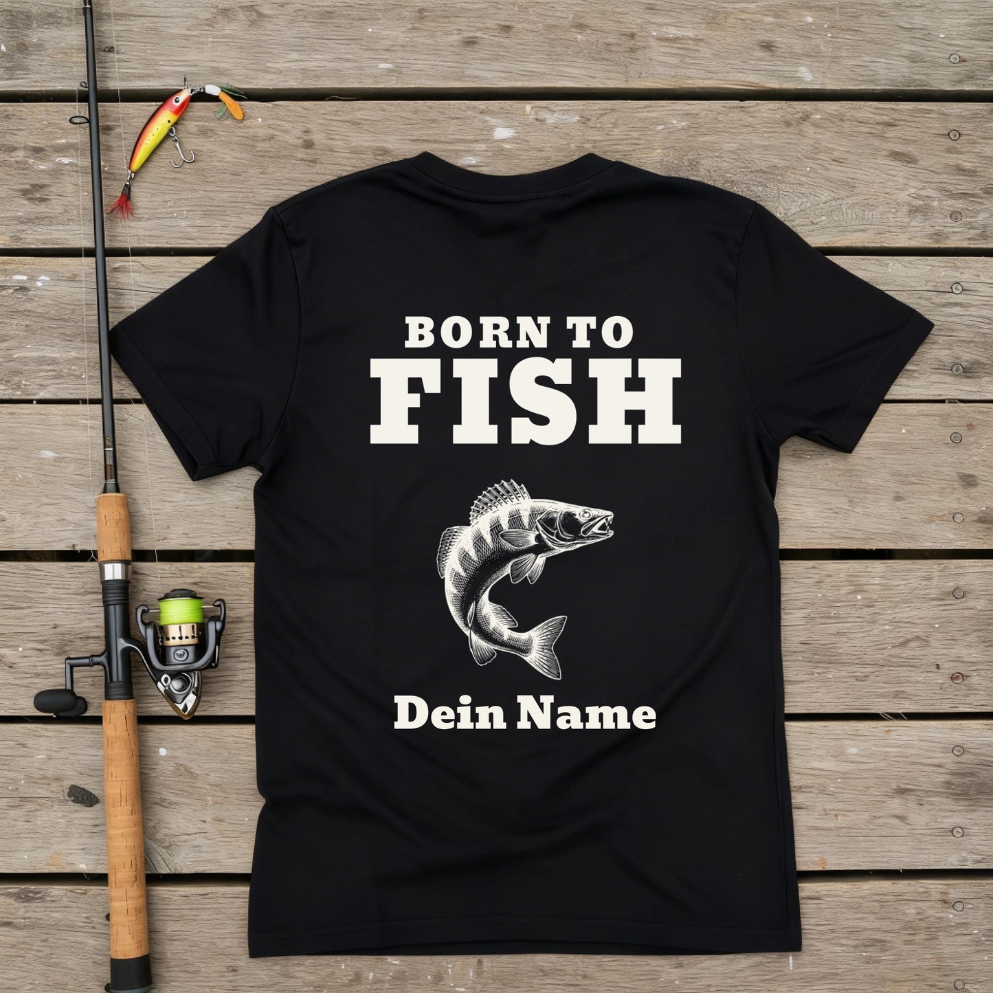 T-Shirt- Born to Fish - personalisiert mit Namen und Fisch