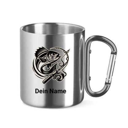 Edelstahltasse mit Karabinergriff - Angler Batch mit Namen