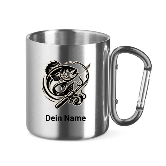 Edelstahltasse mit Karabinergriff - Angler Batch mit Namen