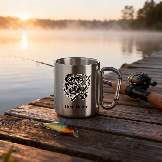 Edelstahltasse mit Karabinergriff - Angler Batch mit Namen