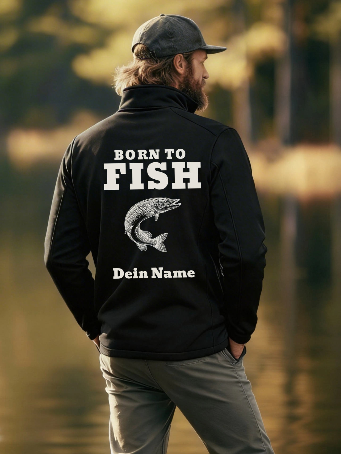 Softshelljacke - Born to Fish - personalisiert mit Namen und Fisch