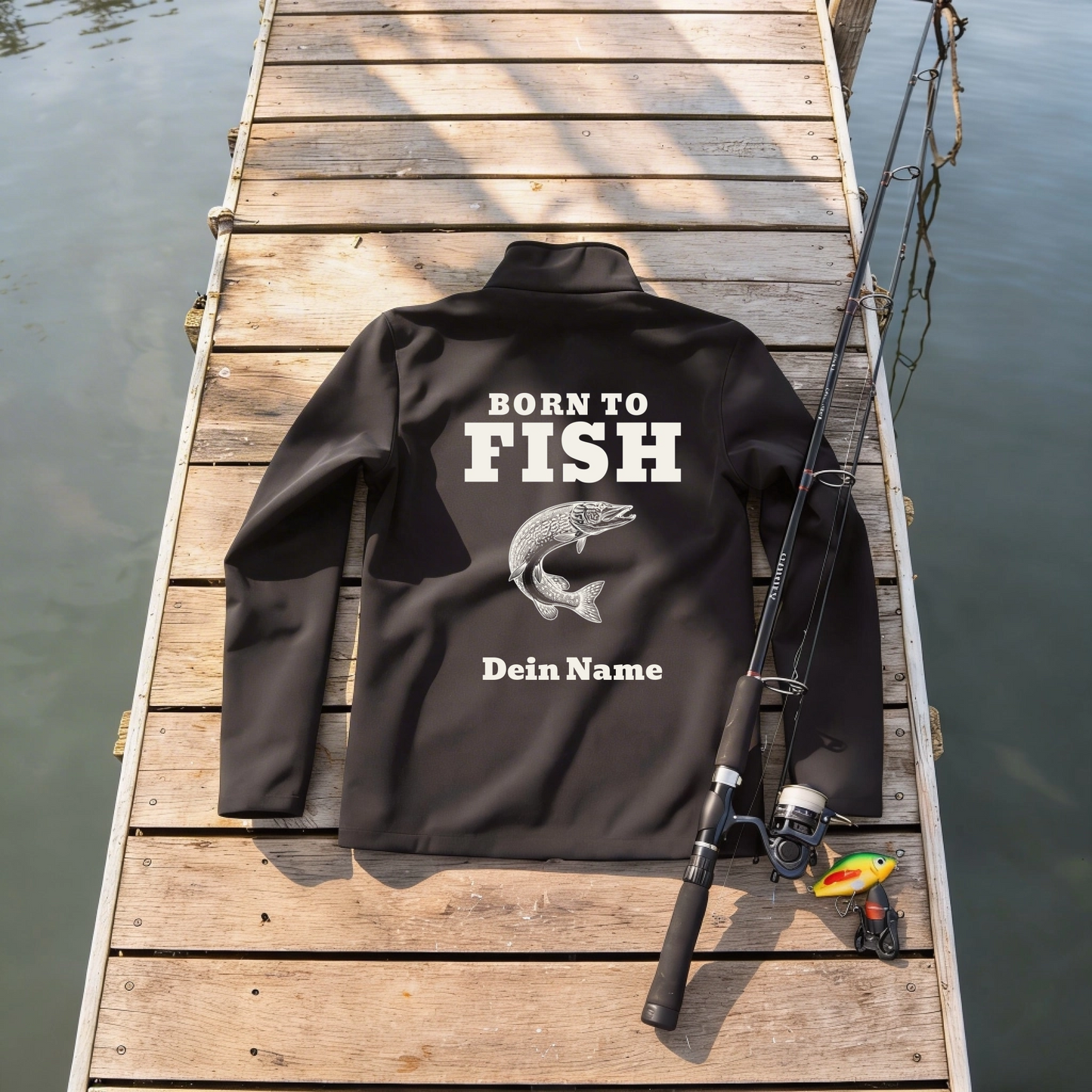 Softshelljacke - Born to Fish - personalisiert mit Namen und Fisch