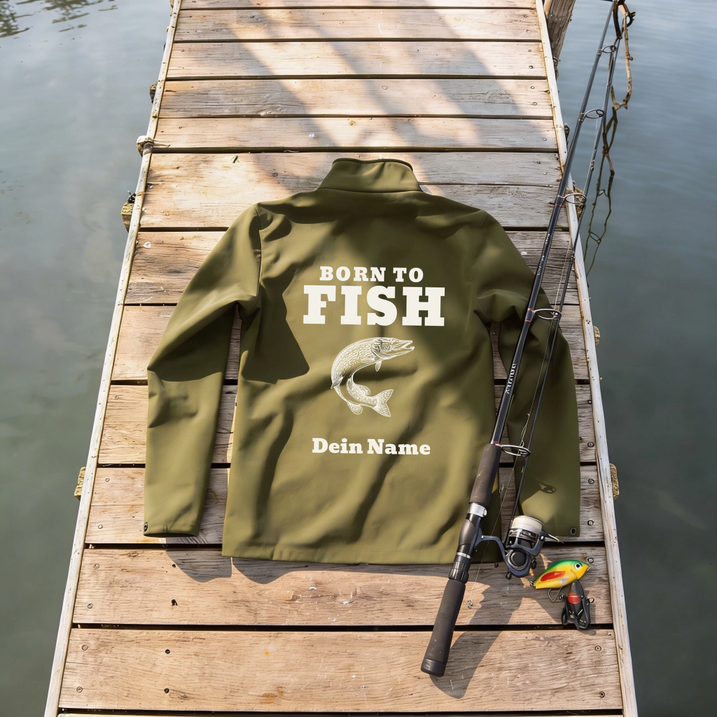 Softshelljacke - Born to Fish - personalisiert mit Namen und Fisch