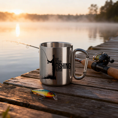 Edelstahltasse mit Karabinergriff - Eat, Sleep, Fishing, Repeat