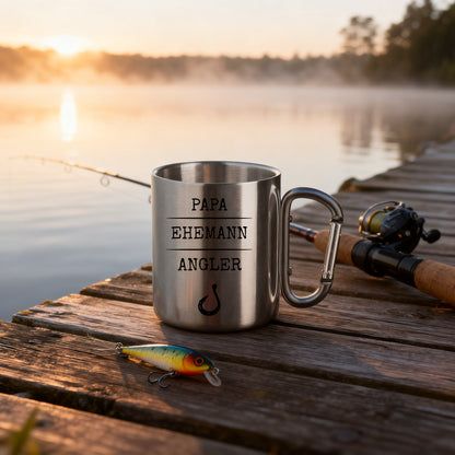 Edelstahltasse mit Karabinergriff - Papa, Ehemann, Angler